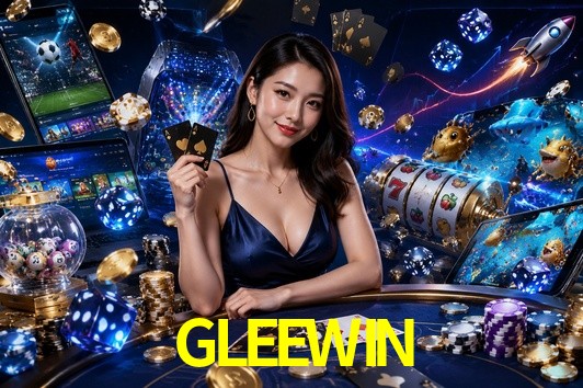 Una escena digital vívida inspirada en casino con GLEEWIN mostrado prominentemente, luces brillantes, fichas, cartas y acentos dorados.