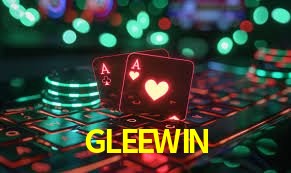 Escena dinámica inspirada en casino con iluminación GLEEWIN, cartas, fichas e íconos de juegos digitales en un espacio moderno de juegos.