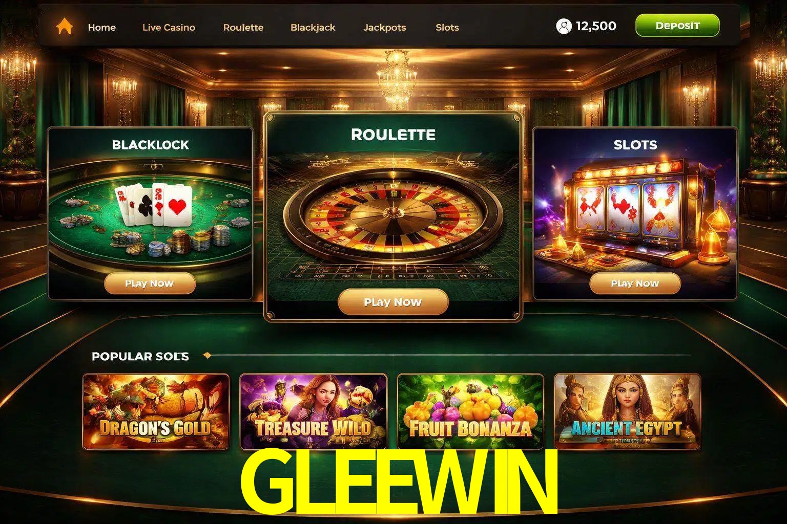 Vista de la plataforma GLEEWIN Casino mostrando categorías organizadas de juegos en línea