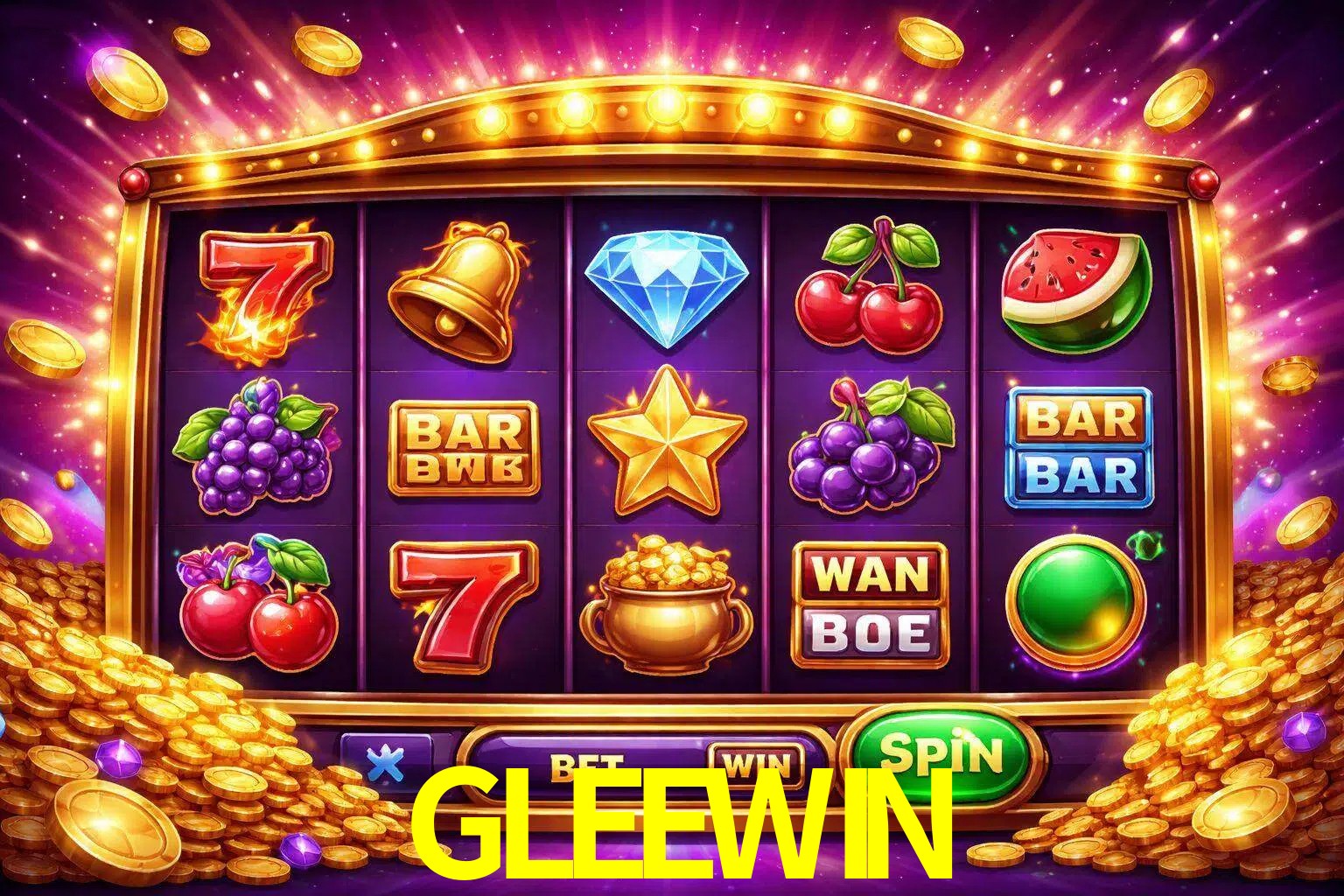 Una interfaz colorida de tragamonedas en línea con símbolos brillantes, monedas y un efecto de victoria celebratoria en GLEEWIN.