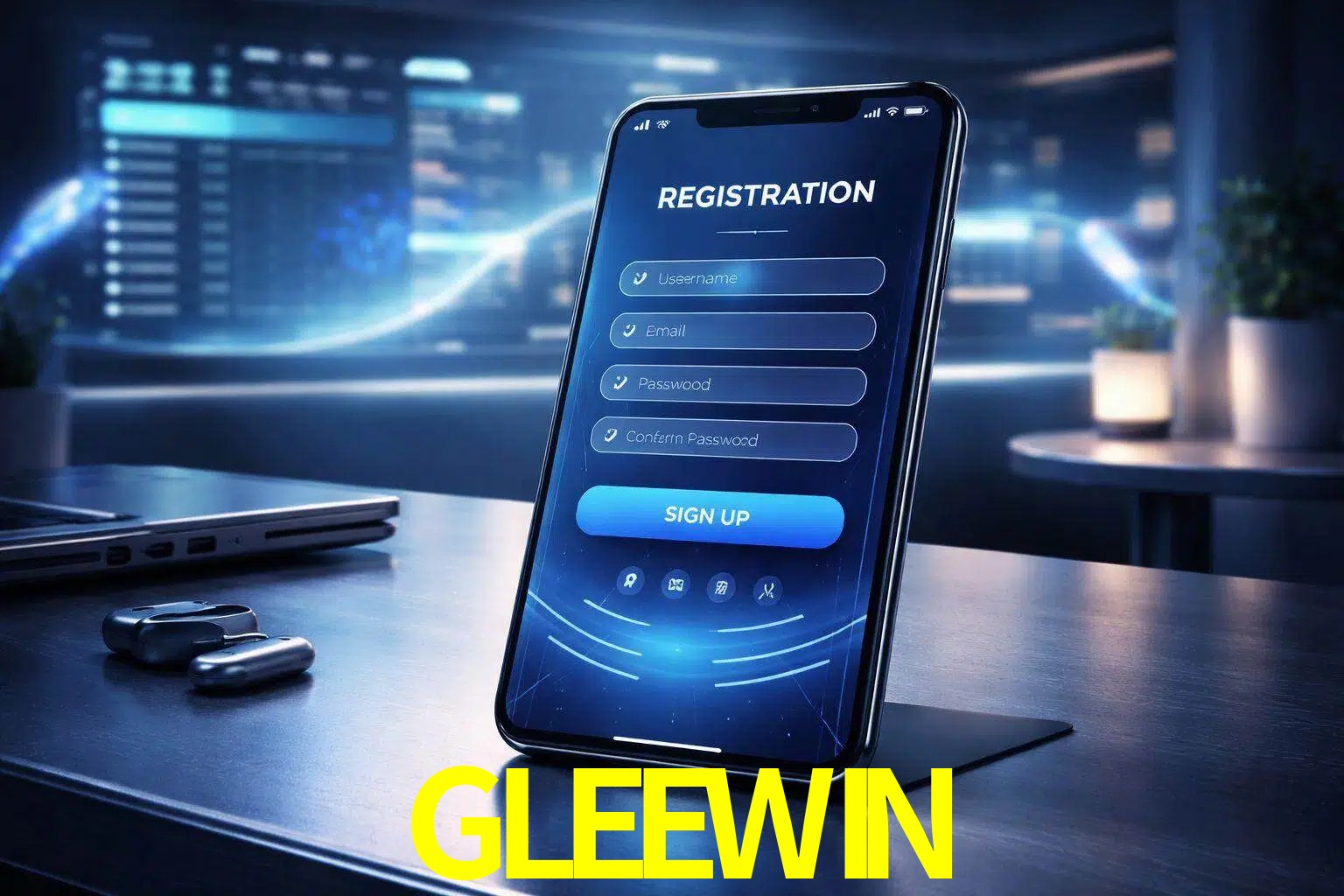 Una interfaz moderna de registro móvil para GLEEWIN mostrada en un smartphone con un panel de apuestas elegante.